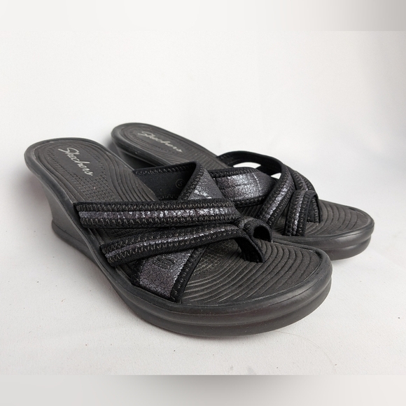 SKECHERS Sandals Wedge Women Size 5 Flip Flop Black And Silver - Picture 1 of 9